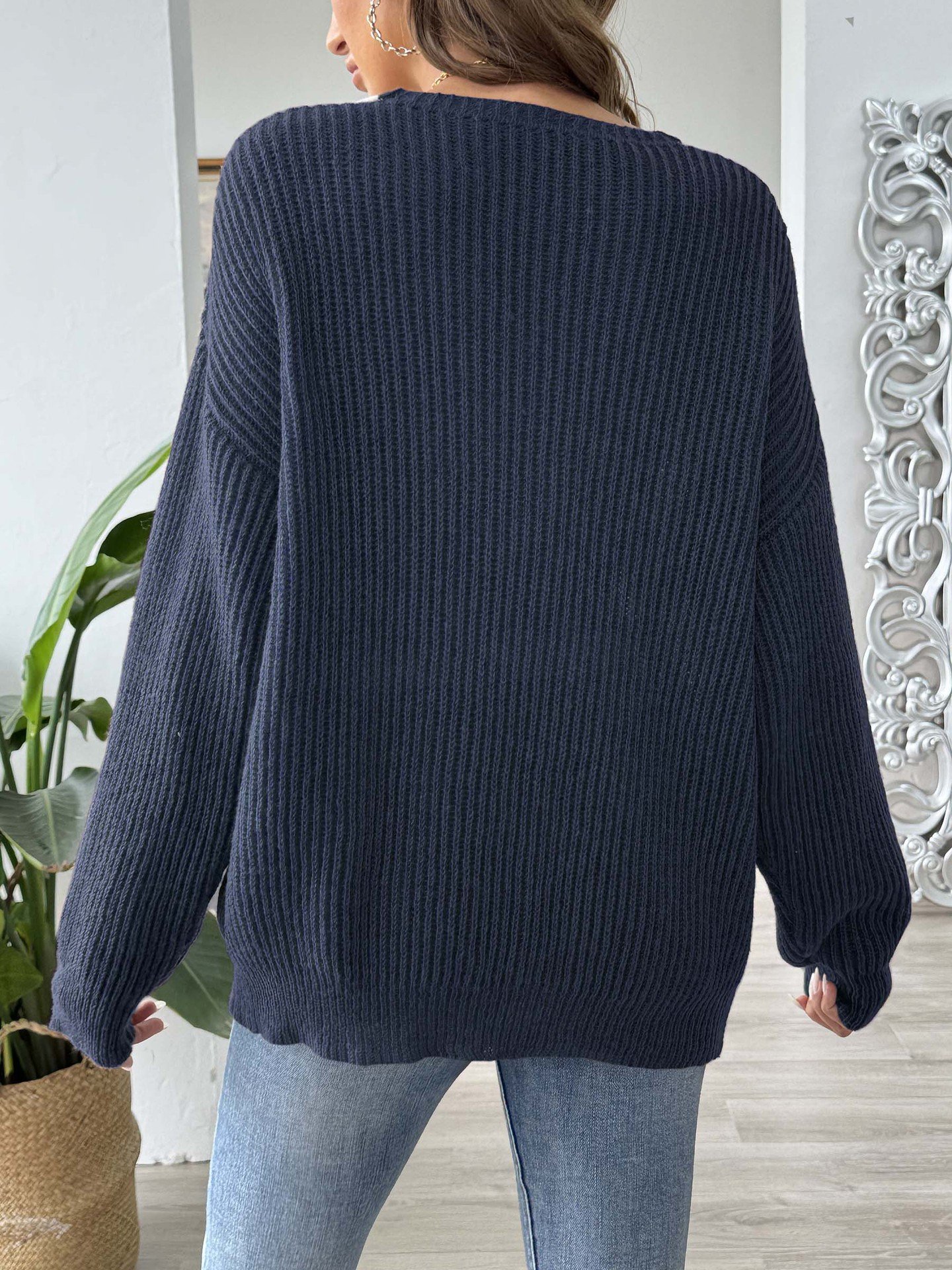 V-Ausschnitt Wolle/Stricken Langarm Weit Farbblock Lässig Pullover