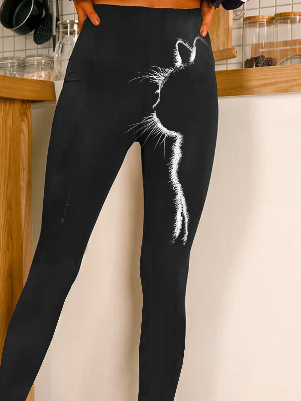 Damen Lässig Katze Jersey Alle Jahreszeiten Lang Leggings