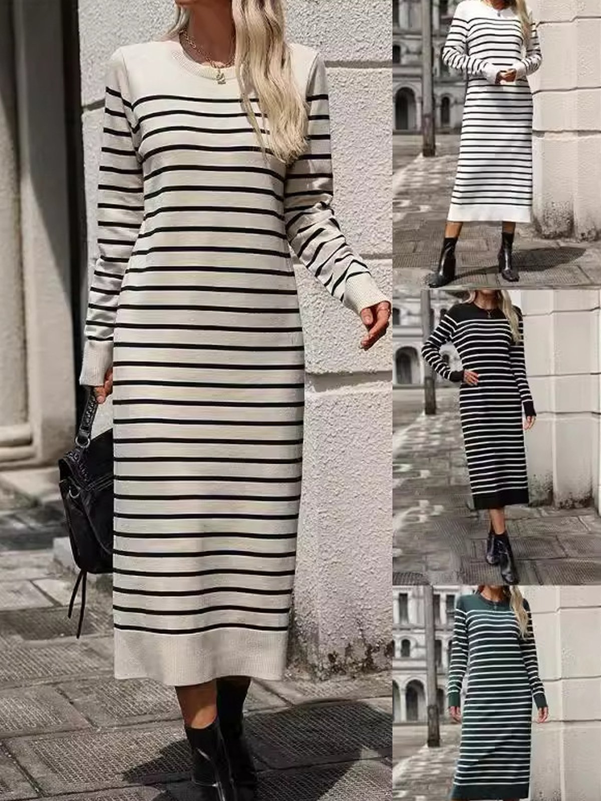 Damen Langarm Herbst Gestreift Garn/Wollgarn Kleid Rundhals Täglich Ausgehen Lässig Midi H-Linie Strickkleid