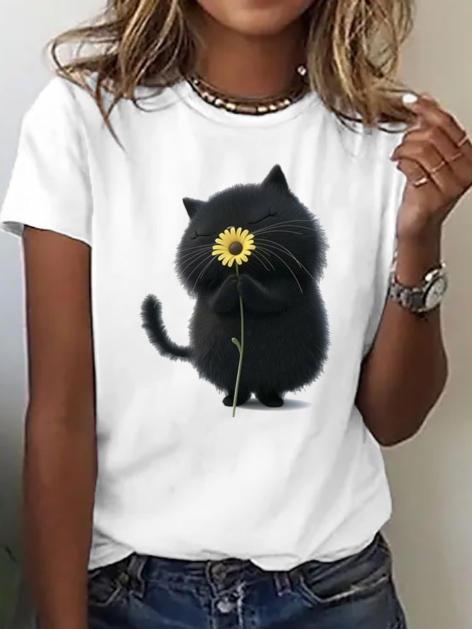 Damen Kurzarm T-Shirts T-Shirt Sommer Katze Baumwolle Rundhals Täglich Ausgehen Lässig Oberteile