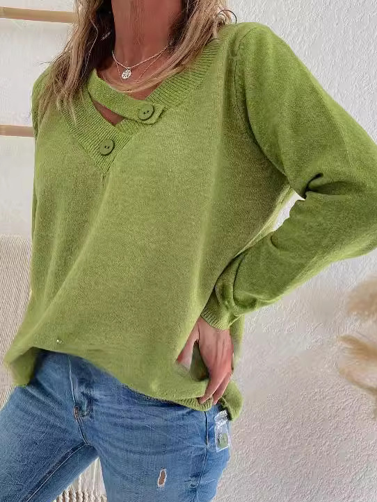 Damen Perlen Frühling/Herbst Unifarben Lässig Langarm V-Ausschnitt Garn/Wollgarn Pullover