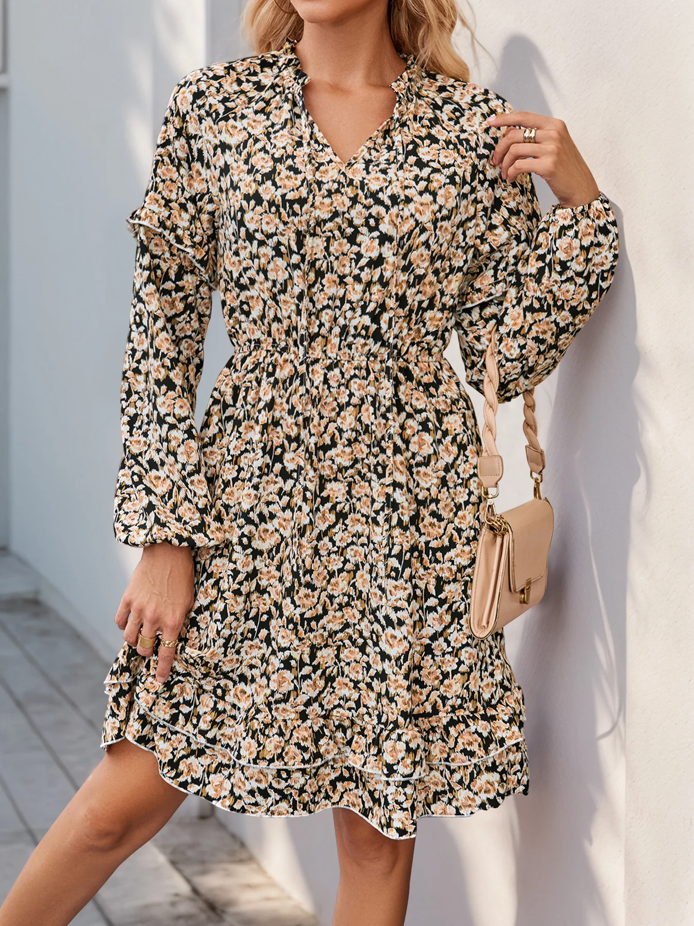 Damen Langarm Frühling/Herbst Geblümt Kleid Rundhals Täglich Ausgehen Urlaub Midi X-Linie