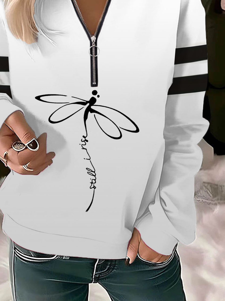 Damen Rundhals Libelle Reißverschluss Lässig Frühling/Herbst Langarm Sweatshirt