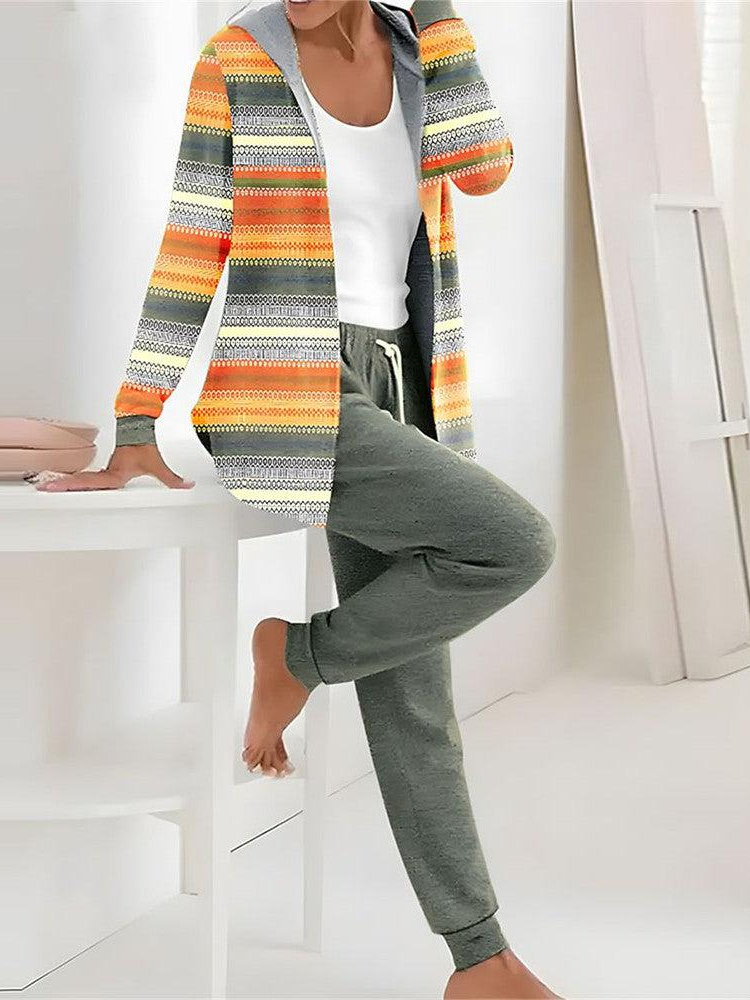 Damen Gestreift Täglich Ausgehen Zwei Stücke Set Langarm Lässig Frühling/Herbst Mantel mit Hosen Matching Set