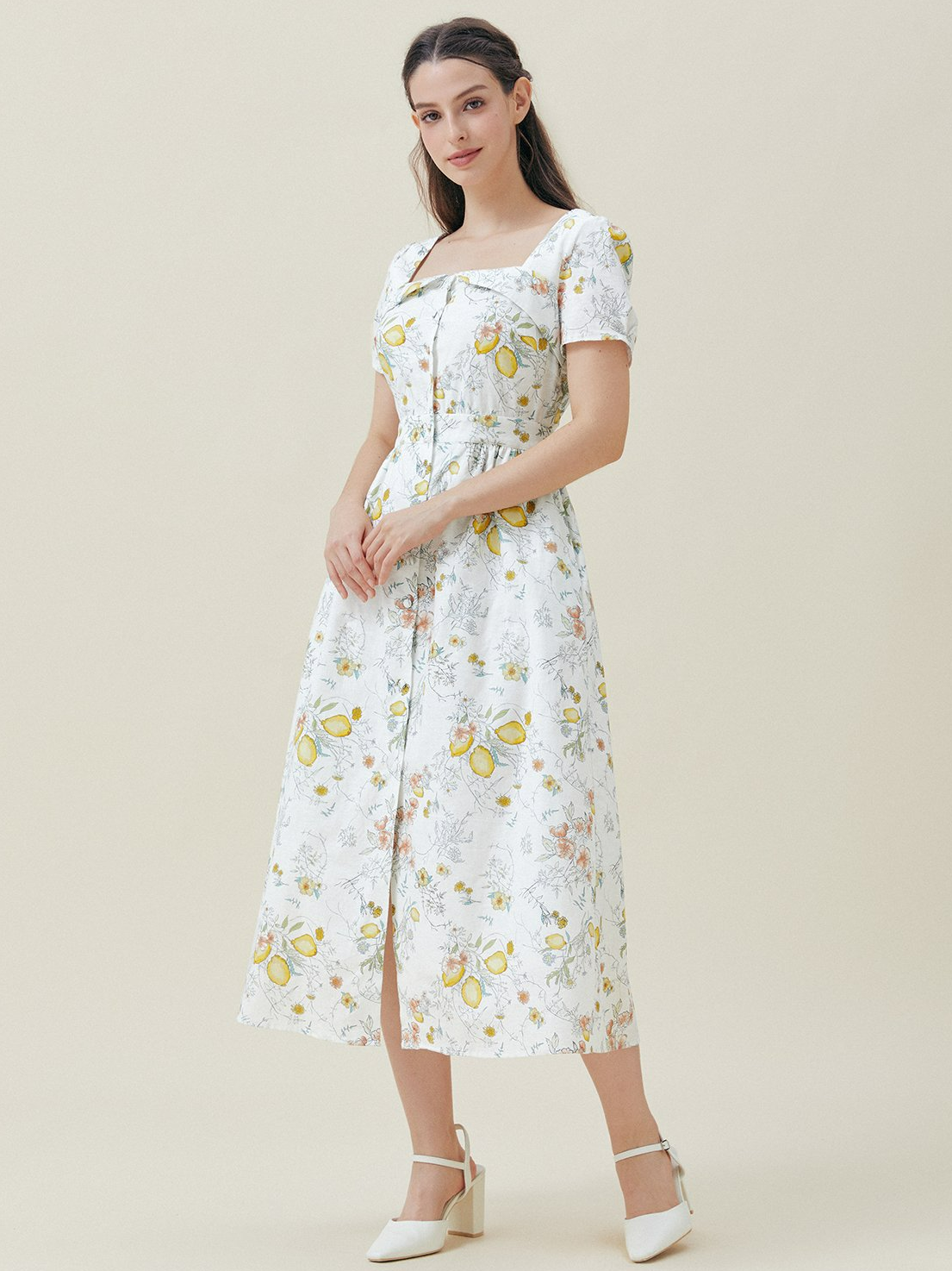 Damen Kurzarm Sommer Geblümt Baumwolle Kleid Karree-Ausschnitt Täglich Ausgehen Retro Midi X-Linie Weiß