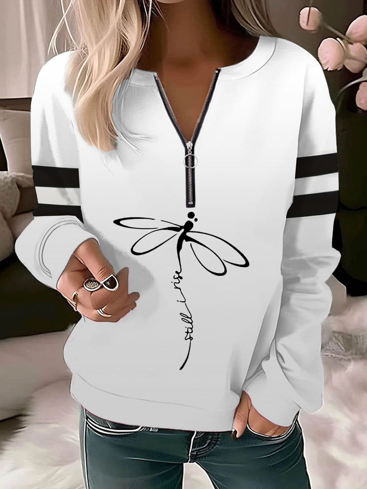 Damen Rundhals Libelle Reißverschluss Lässig Frühling/Herbst Langarm Sweatshirt