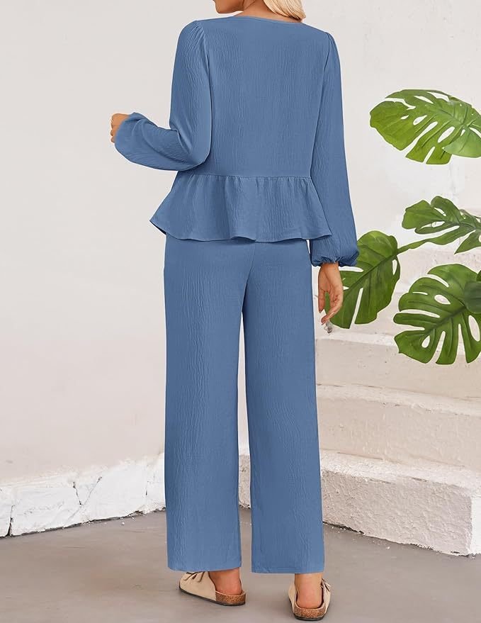 Damen Schleife Unifarben Täglich Ausgehen Zwei Stücke Set Langarm Lässig Frühling/Herbst Bluse mit Hose Matching Set