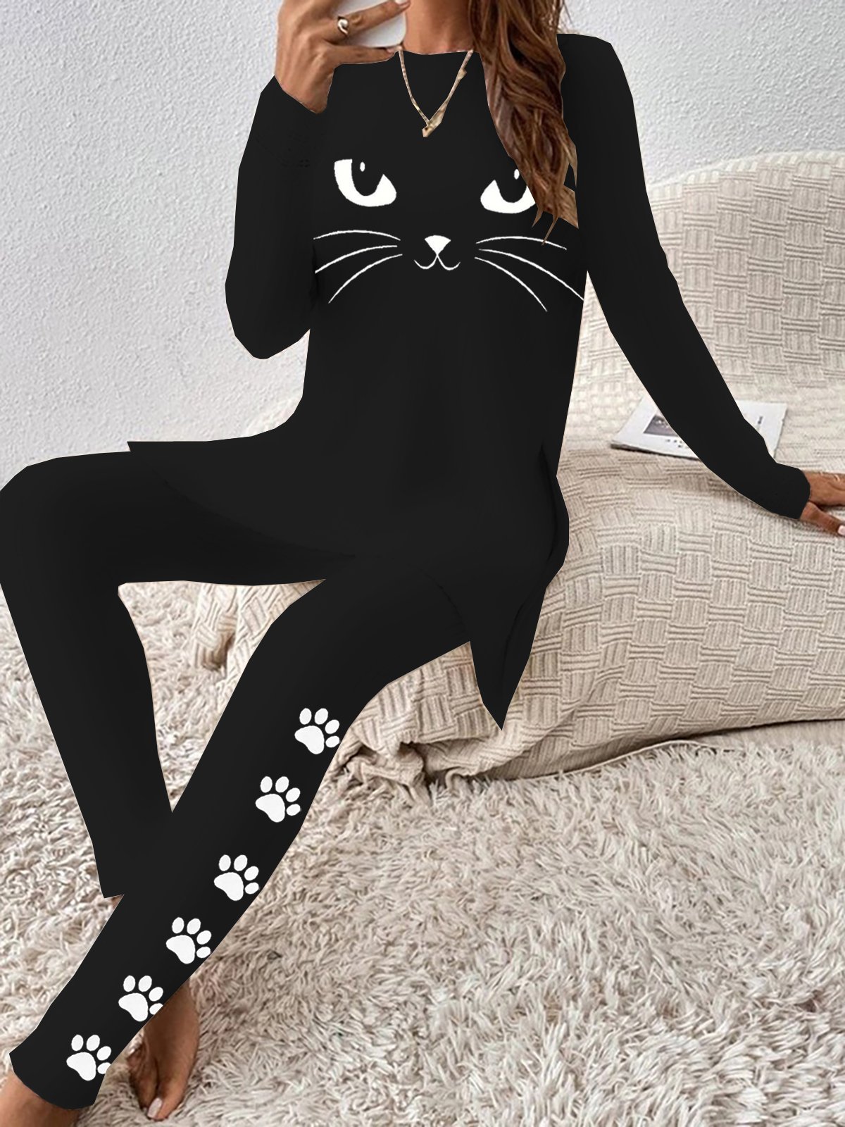 Damen Katze Täglich Ausgehen Zwei Stücke Set Langarm Lässig Frühling/Herbst Bluse mit Hose Matching Set