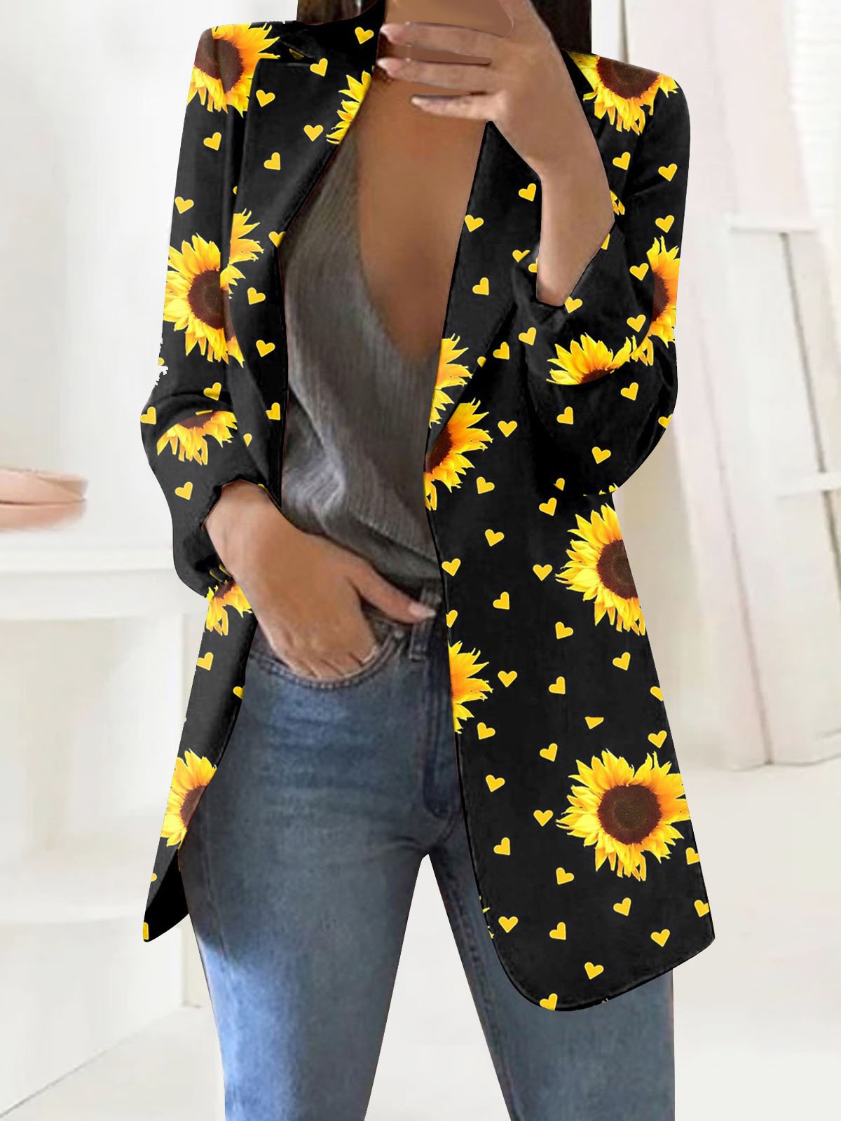 Damen Frühling/Herbst Oberbekleidung Lässig Geblümt Langarm Reverskragen Mittellang Blazer