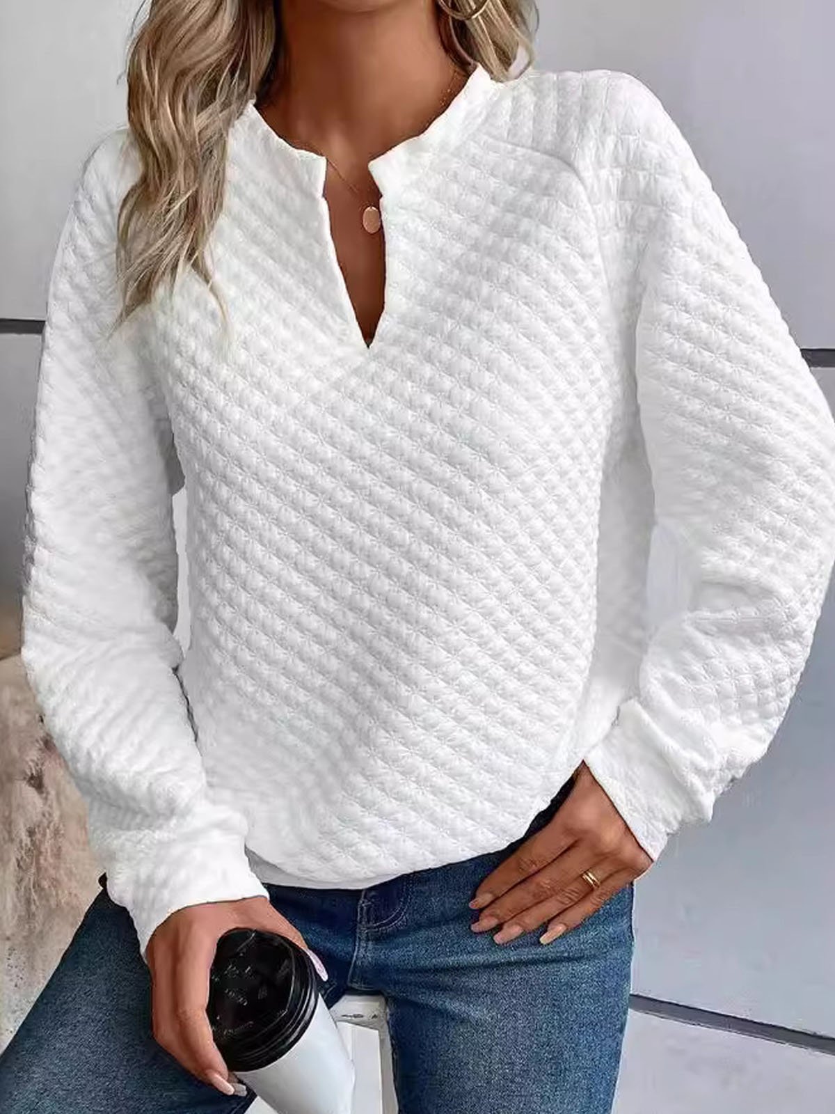 Damen Gekerbt Unifarben Lässig Frühling/Herbst Jacquard Langarm Sweatshirt