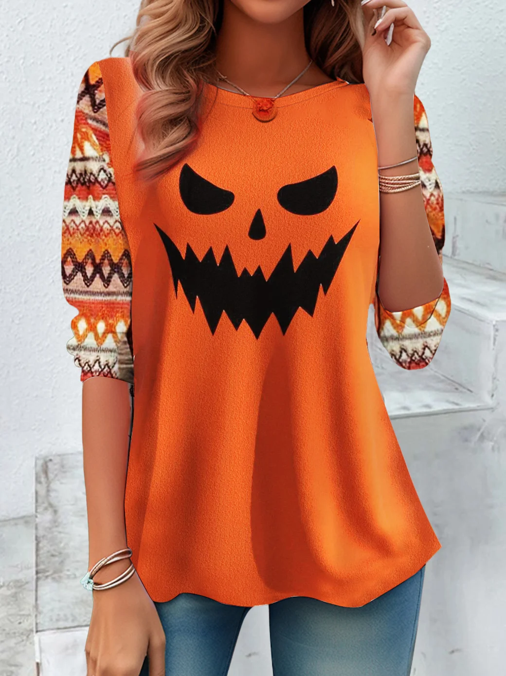 Damen Langarm T-Shirts T-Shirt Frühling/Herbst Halloween Print Jersey Rundhals Täglich Ausgehen Retro Oberteile