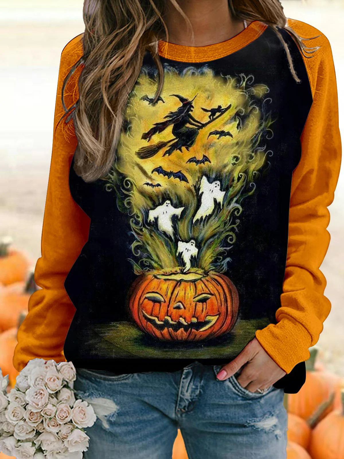 Damen Rundhals Halloween (Kürbis) Print Retro Frühling/Herbst Langarm Sweatshirt