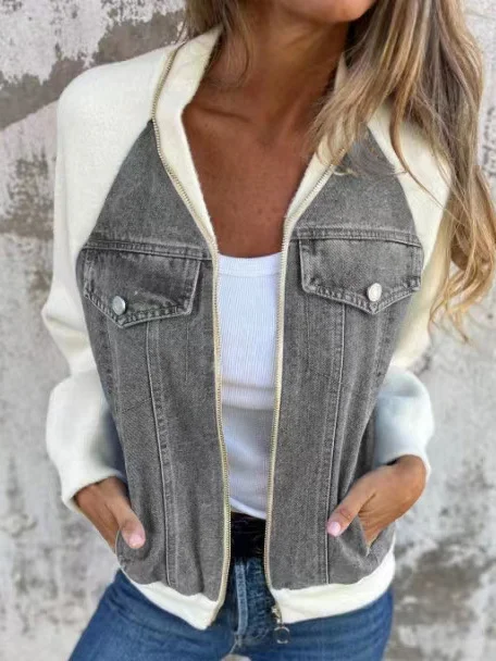 Damen Frühling/Herbst Oberbekleidung Lässig Denim Reißverschluss Kontrastnaht Langarm Schalkragen Jacke