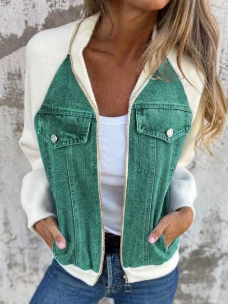 Damen Frühling/Herbst Oberbekleidung Lässig Denim Reißverschluss Kontrastnaht Langarm Schalkragen Jacke