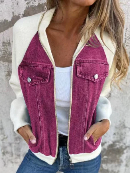 Damen Frühling/Herbst Oberbekleidung Lässig Denim Reißverschluss Kontrastnaht Langarm Schalkragen Jacke