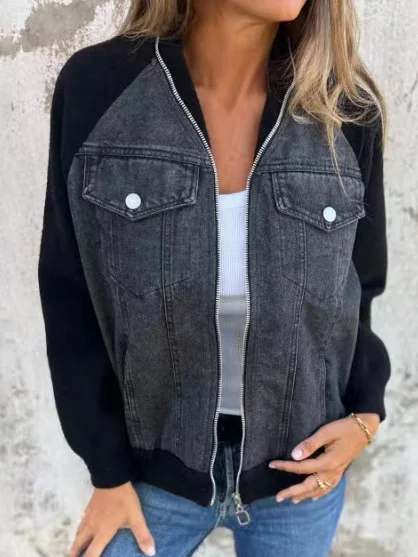 Damen Frühling/Herbst Oberbekleidung Lässig Denim Reißverschluss Kontrastnaht Langarm Schalkragen Jacke