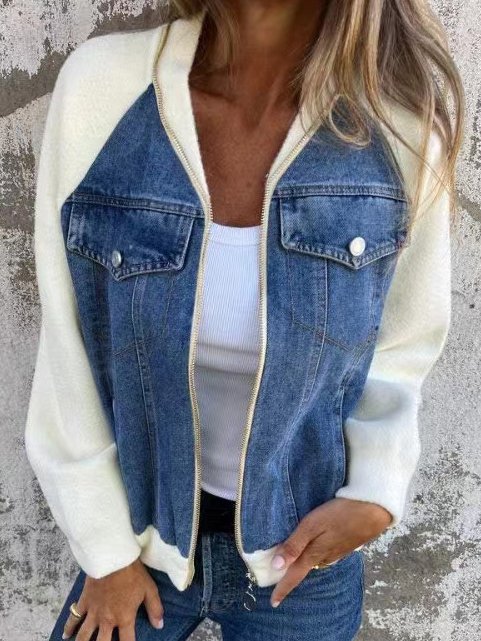 Damen Frühling/Herbst Oberbekleidung Lässig Denim Reißverschluss Kontrastnaht Langarm Schalkragen Jacke