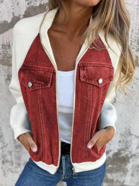 Damen Frühling/Herbst Oberbekleidung Lässig Denim Reißverschluss Kontrastnaht Langarm Schalkragen Jacke