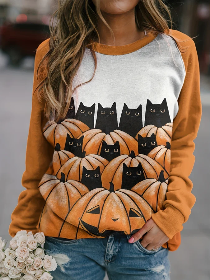 Damen Rundhals Halloween (Kürbis) Print Retro Frühling/Herbst Langarm Sweatshirt