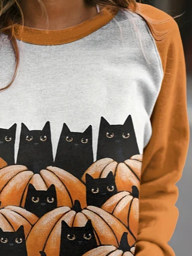 Damen Rundhals Halloween (Kürbis) Print Retro Frühling/Herbst Langarm Sweatshirt