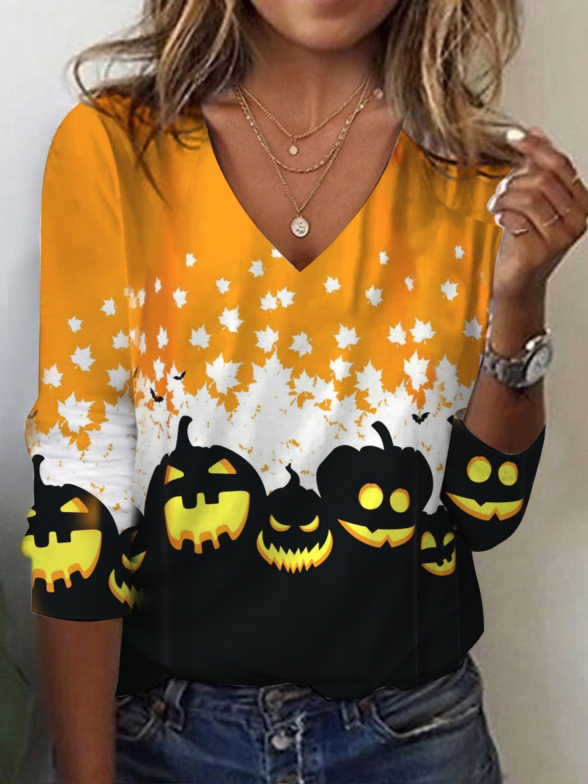 Damen Langarm T-Shirts T-Shirt Frühling/Herbst Halloween Jersey V-Ausschnitt Täglich Ausgehen Lässig Oberteile