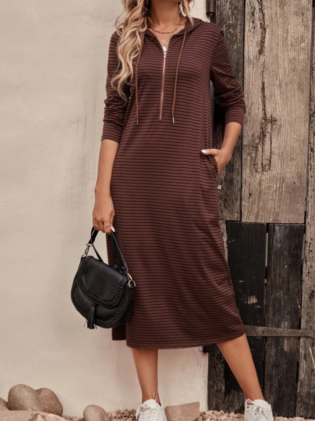 Damen Langarm Frühling/Herbst Gestreift Reißverschluss Kleid Kapuze Täglich Ausgehen Lässig Midi H-Linie