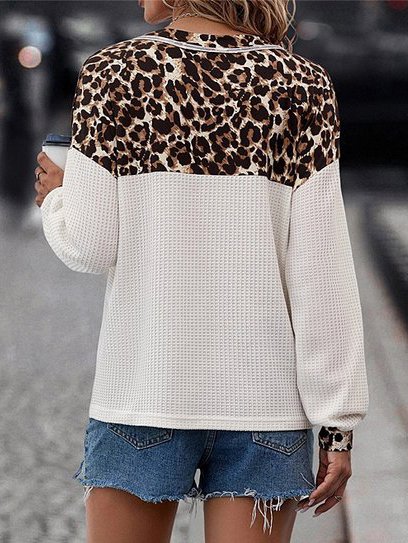 Damen V-Ausschnitt Leopard Nahtverarbeitung Lässig Frühling/Herbst Langarm Sweatshirt