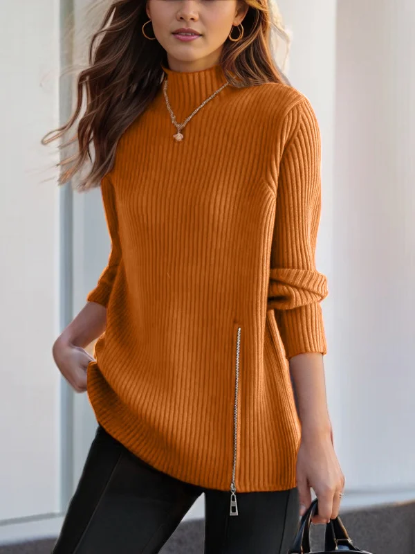 Damen Reißverschluss Winter Unifarben Lässig Langarm Mock Neck Garn/Wollgarn Pullover