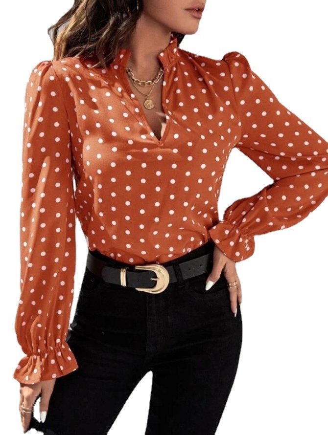 Damen Langarm Bluse Frühling/Herbst Polka Dots Stehkragen Täglich Ausgehen Lässig Oberteile