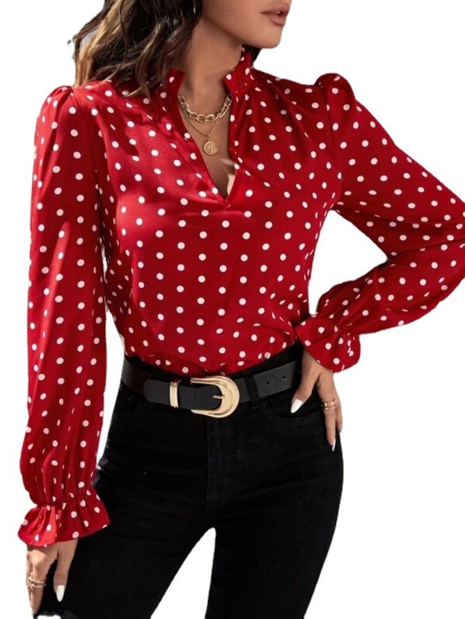 Damen Langarm Bluse Frühling/Herbst Polka Dots Stehkragen Täglich Ausgehen Lässig Oberteile