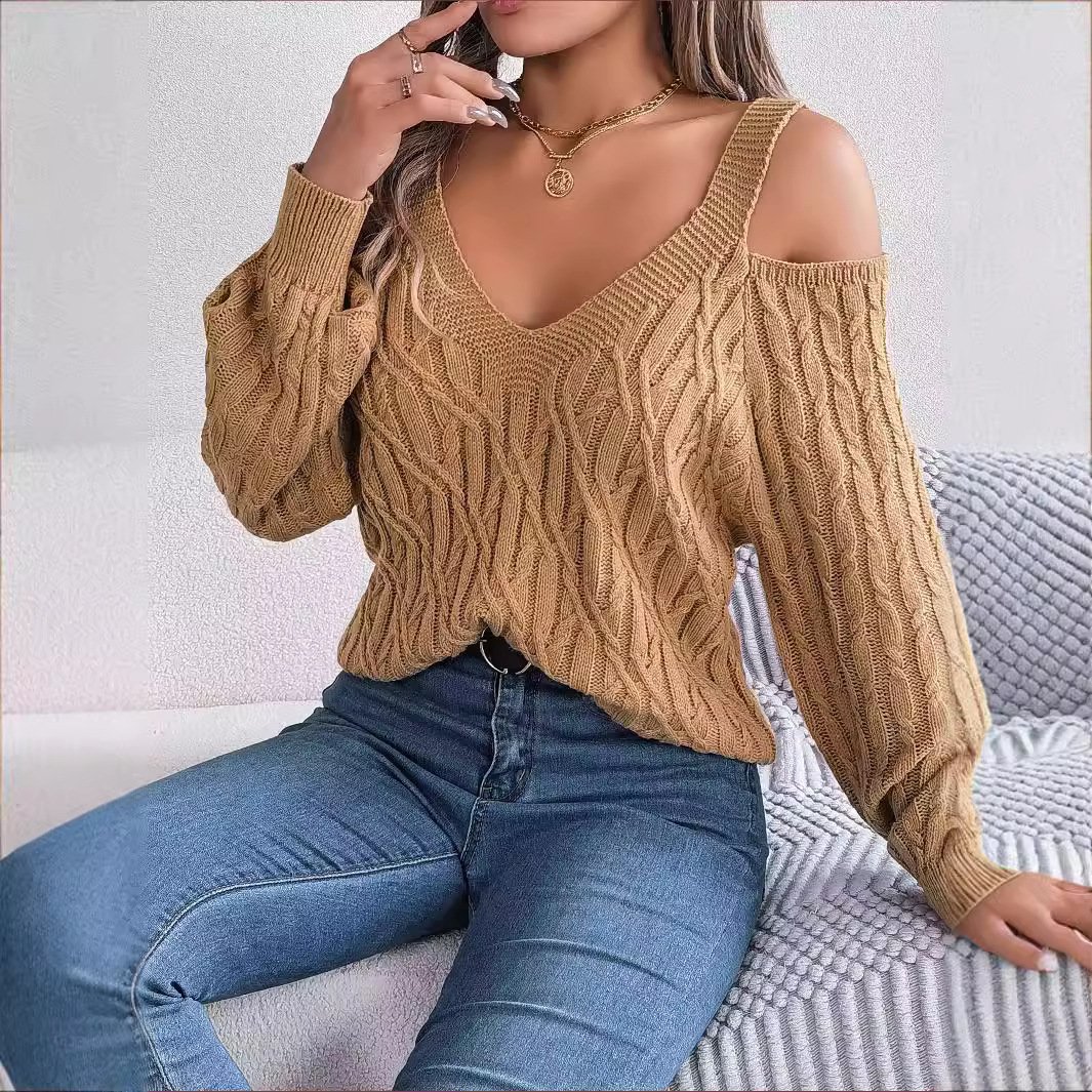 Damen Frühling/Herbst Unifarben Lässig Langarm Schulterfrei Wolle/Stricken Pullover