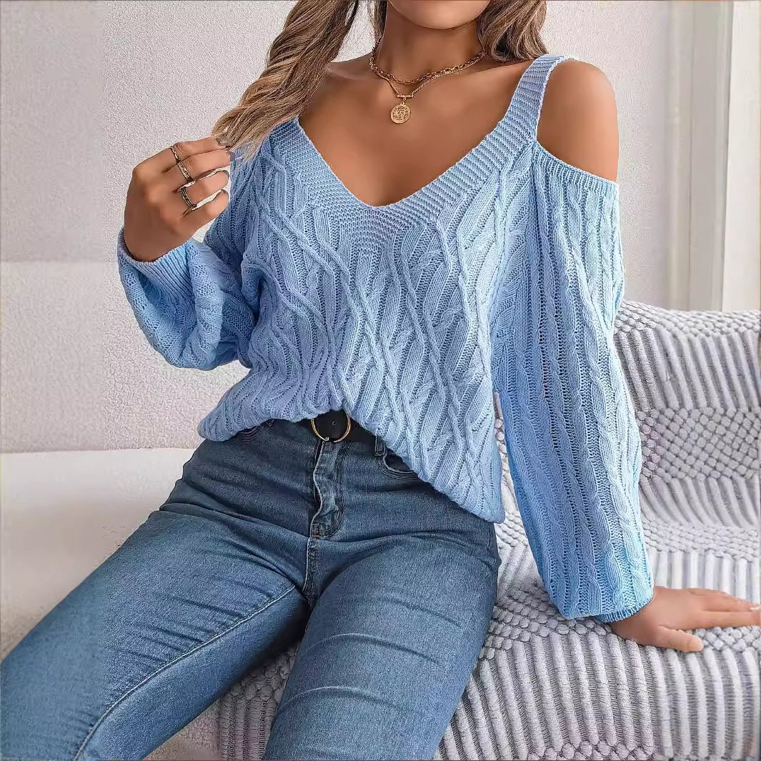 Damen Frühling/Herbst Unifarben Lässig Langarm Schulterfrei Wolle/Stricken Pullover