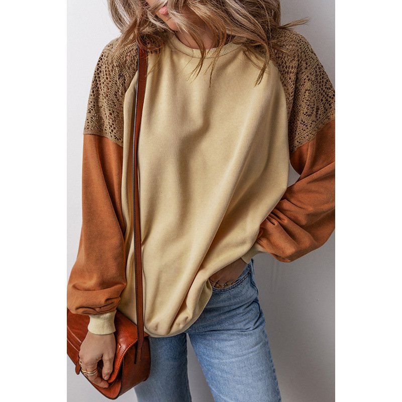 Damen Rundhals Unifarben Spitze Lässig Frühling/Herbst Langarm Sweatshirt