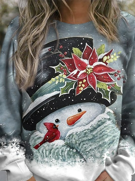 Damen Rundhals Weihnachtsschneemann Lässig Frühling/Herbst Langarm Sweatshirt