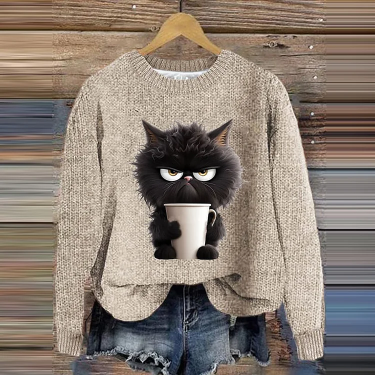 Damen Winter Katze Lässig Langarm Rundhals Strickpullover