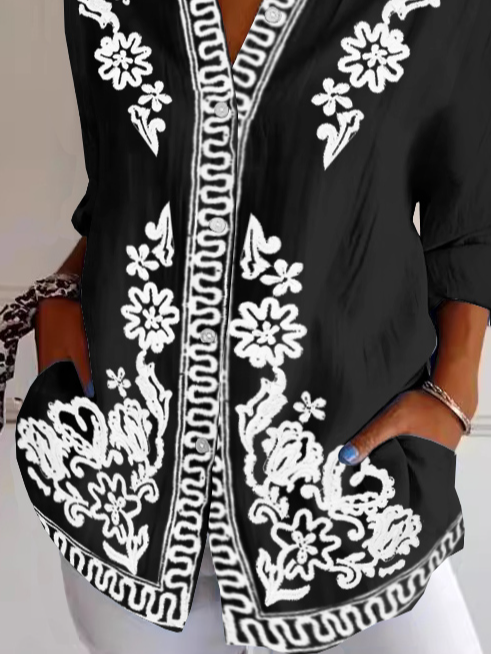 Damen Ethnisch Langarm Bluse Frühling/Herbst Hemdkragen Täglich Retro Oberteile