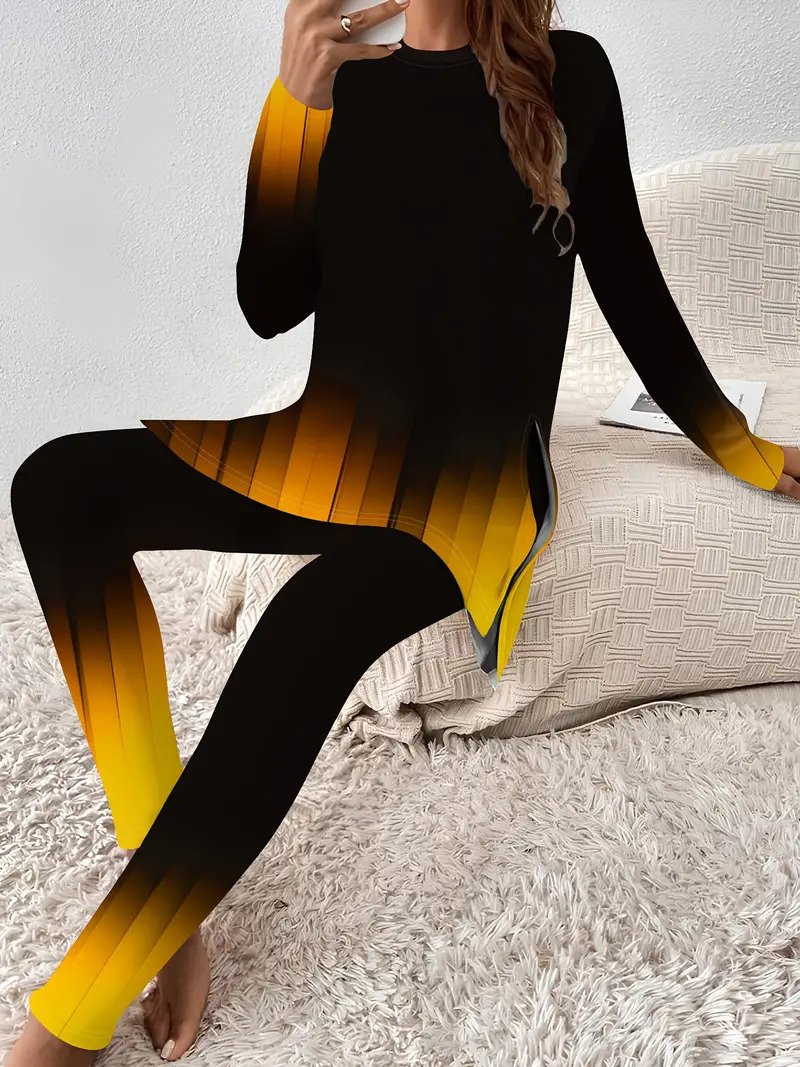 Damen Geometrisch Täglich Ausgehen Zwei Stücke Set Langarm Lässig Frühling/Herbst Bluse mit Hose Matching Set