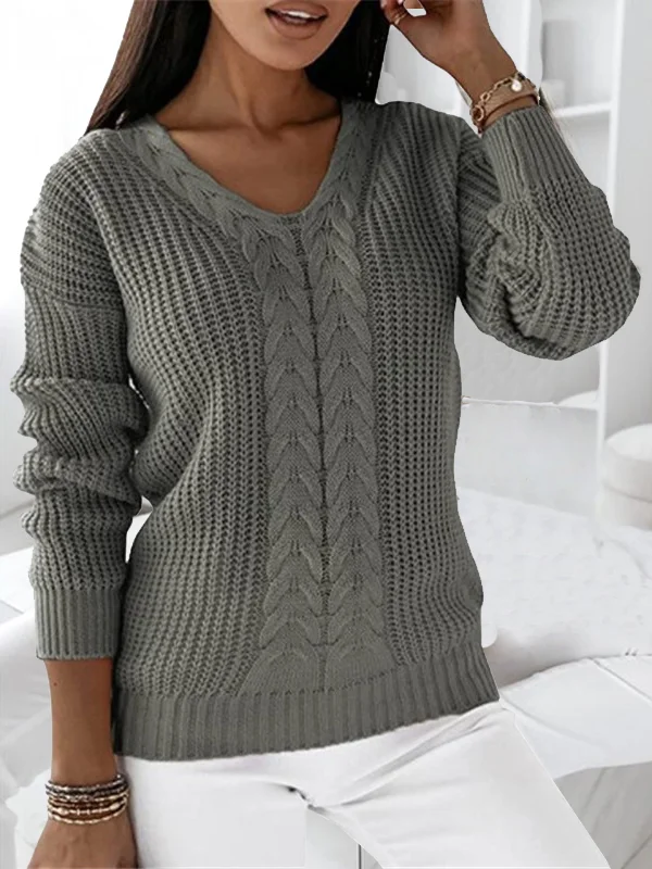 Damen Winter Unifarben Lässig Langarm V-Ausschnitt Garn/Wollgarn Pullover