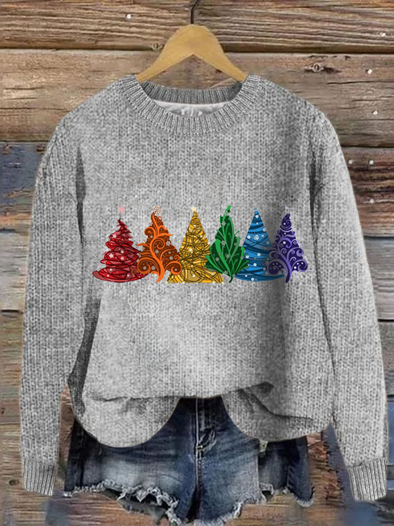 Damen Winter Weihnachtsbaum Lässig Langarm Rundhals Strickpullover