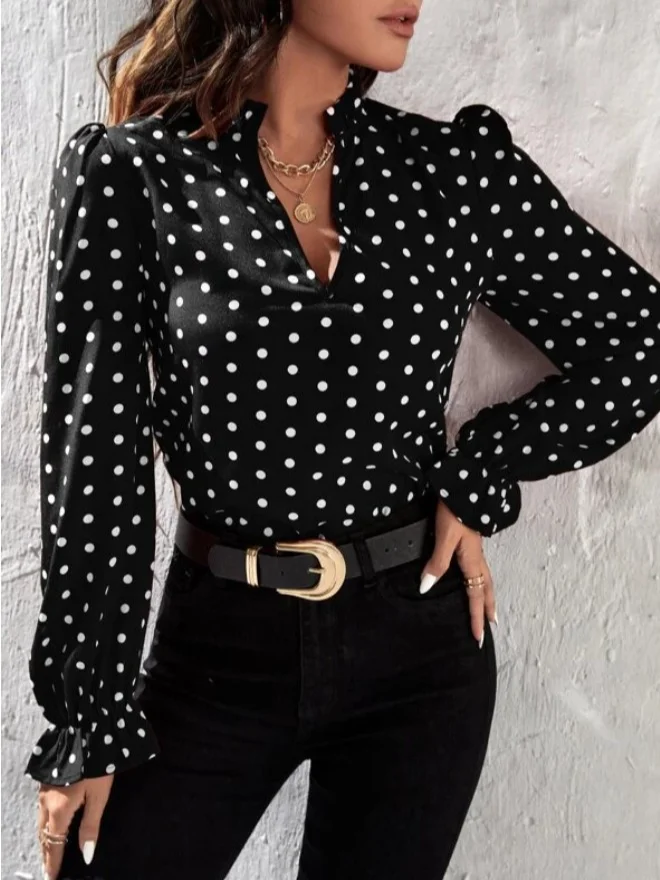 Damen Langarm Bluse Frühling/Herbst Polka Dots Stehkragen Täglich Ausgehen Lässig Oberteile