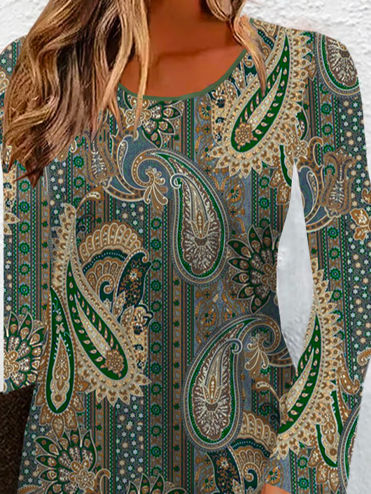 Damen Langarm Frühling/Herbst Paisley Kleid Rundhals Täglich Ausgehen Retro Mini T-Shirt-Kleid H-Linie Kleid