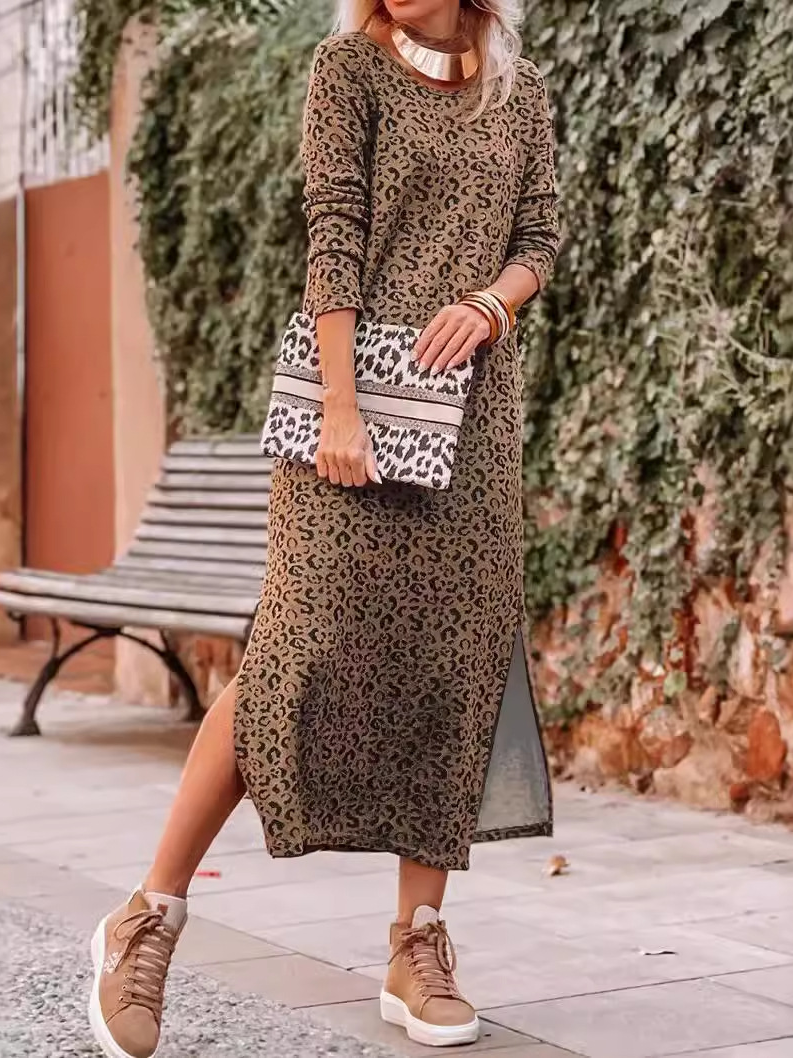 Damen Langarm Frühling/Herbst Leopard Jersey Kleid Rundhals Täglich Ausgehen Lässig Midi H-Linie