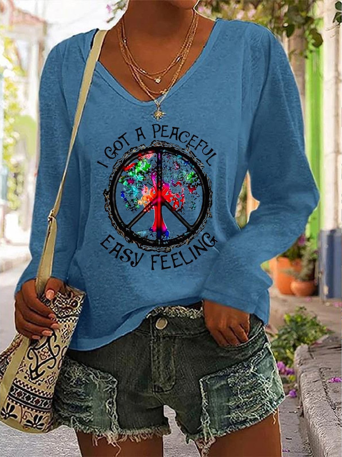 Damen Langarm T-Shirts T-Shirt Frühling/Herbst Hippie V-Ausschnitt Täglich Ausgehen Lässig Oberteile