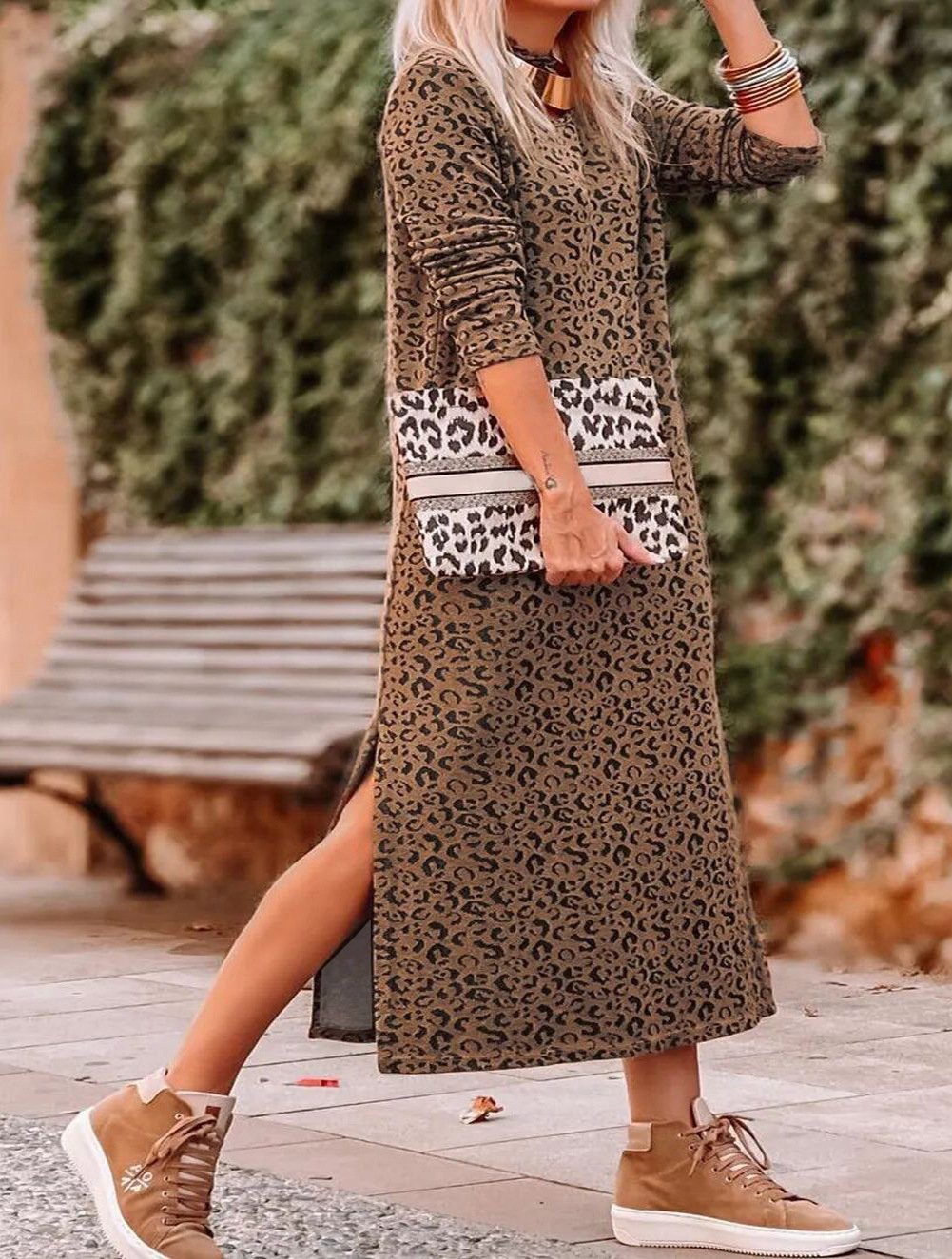 Damen Langarm Frühling/Herbst Leopard Jersey Kleid Rundhals Täglich Ausgehen Lässig Midi H-Linie