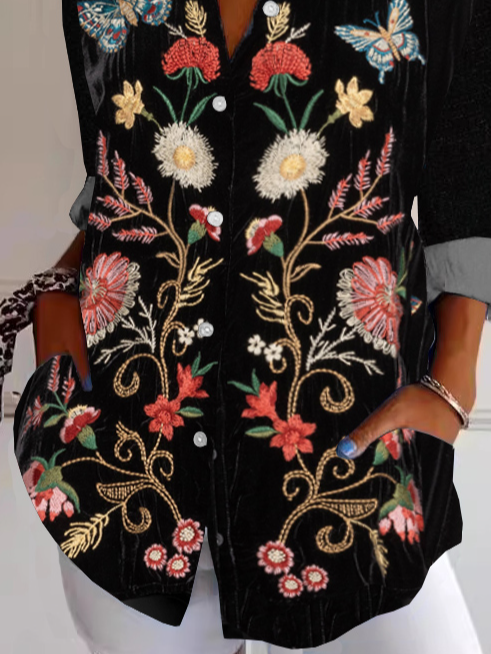 Damen Ethnisch Langarm Bluse Frühling/Herbst Hemdkragen Täglich Retro Oberteile