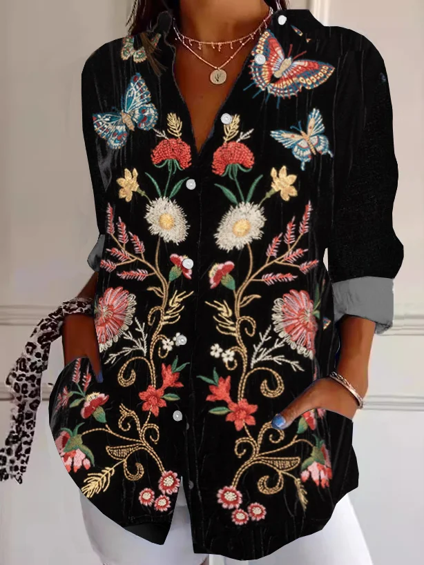 Damen Ethnisch Langarm Bluse Frühling/Herbst Hemdkragen Täglich Retro Oberteile