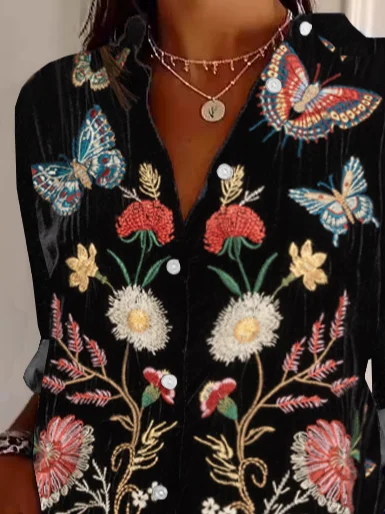Damen Ethnisch Langarm Bluse Frühling/Herbst Hemdkragen Täglich Retro Oberteile