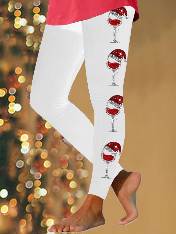 Damen Retro Weihnachten Wein Glas Jersey Alle Jahreszeiten Print Lang Leggings