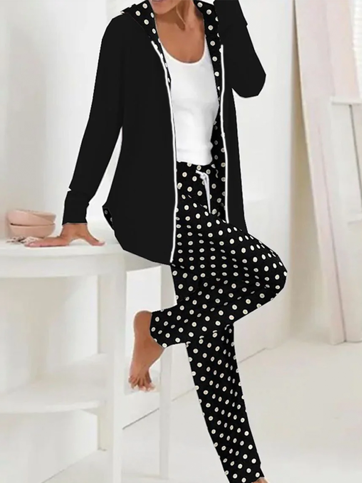 Damen Polka Dots Täglich Ausgehen Zwei Stücke Set Langarm Lässig Frühling/Herbst Mantel mit Hosen Matching Set