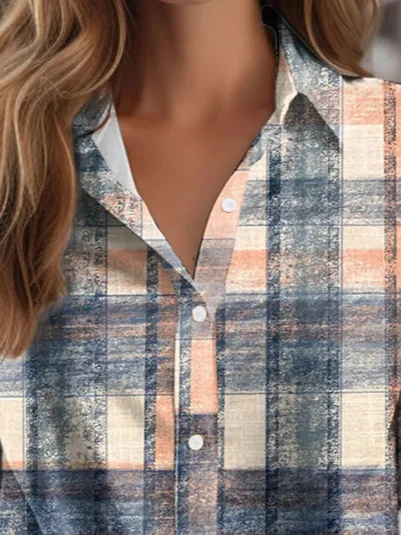 Damen Langarm Bluse Frühling/Herbst Kariert Print Hemdkragen Urlaub Ausgehen Retro Oberteile